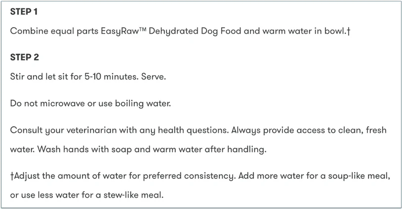 a screenshot of only natural pet's dehydrated raw food preparation instructions