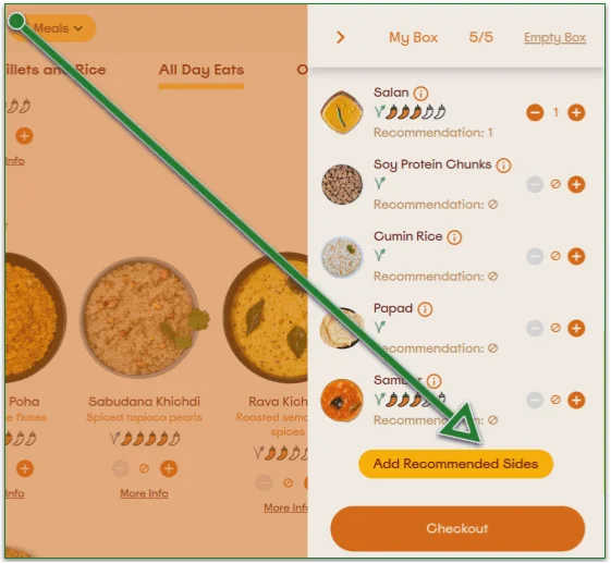 Screenshot with the Add Recommended Sides button, before the Checkout screen