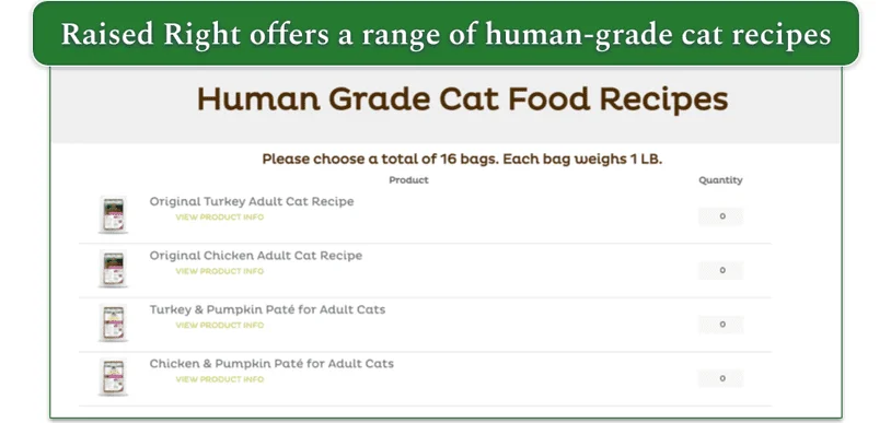 Screenshot of Raised Right cat recipe selection page for a 16-bag plan