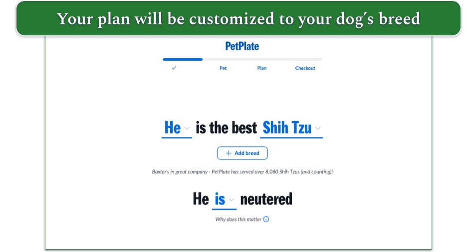 screenshot of petplate's sign up quiz with shih tzu selected as the breed
