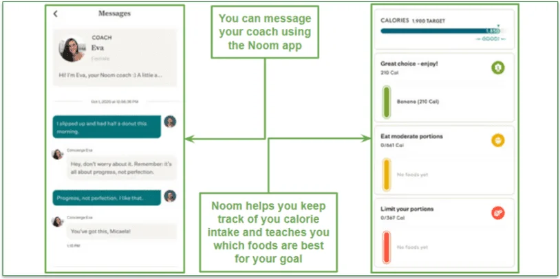 Screenshot of Noom's food tracker and coach messages