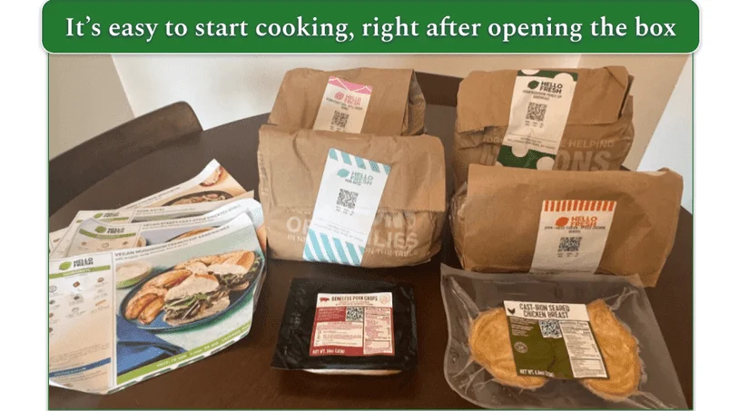 Image of HelloFresh's packed ingredients and recipe cards