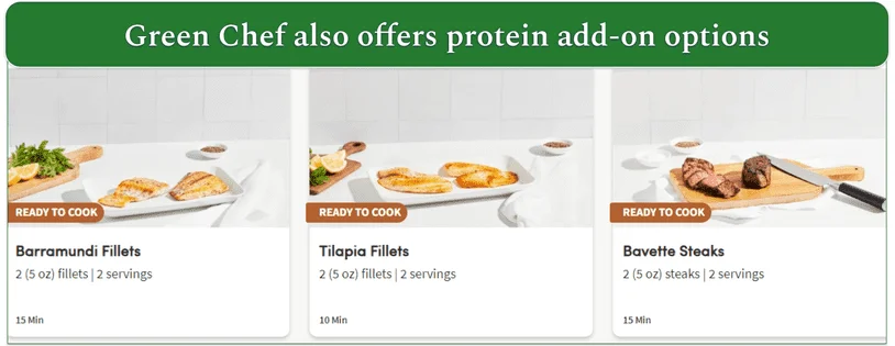 Screenshot of 3 protein options on Green Chef's menu