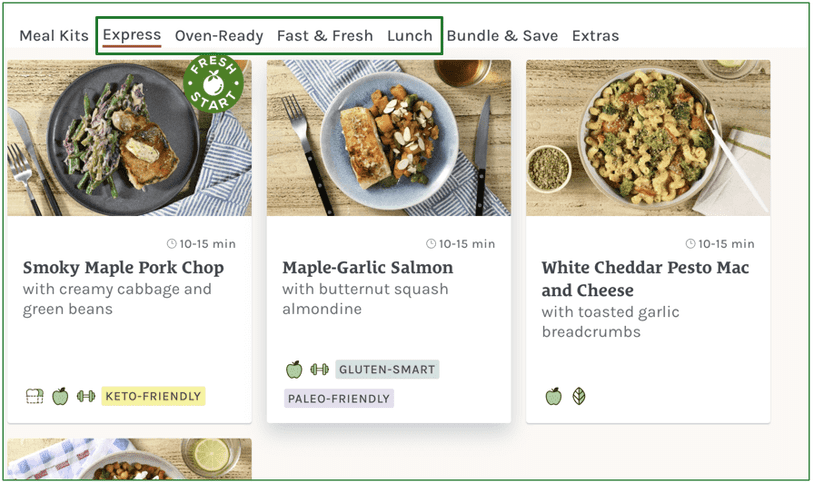 Screenshot of the Home Chef menu, with the Fresh and Easy meals marked in a green highlight box