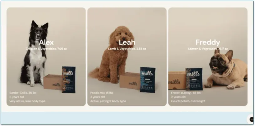 3 dogs each sitting beside boxes and different-sized packs of Mills food