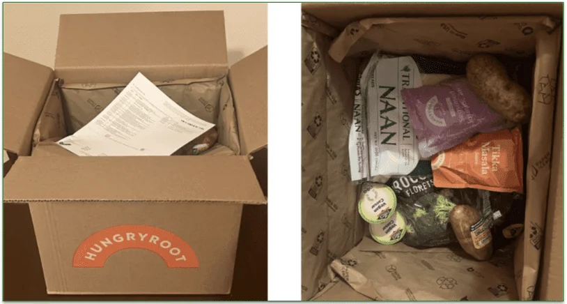 Hungryroot delivery box and contents inside