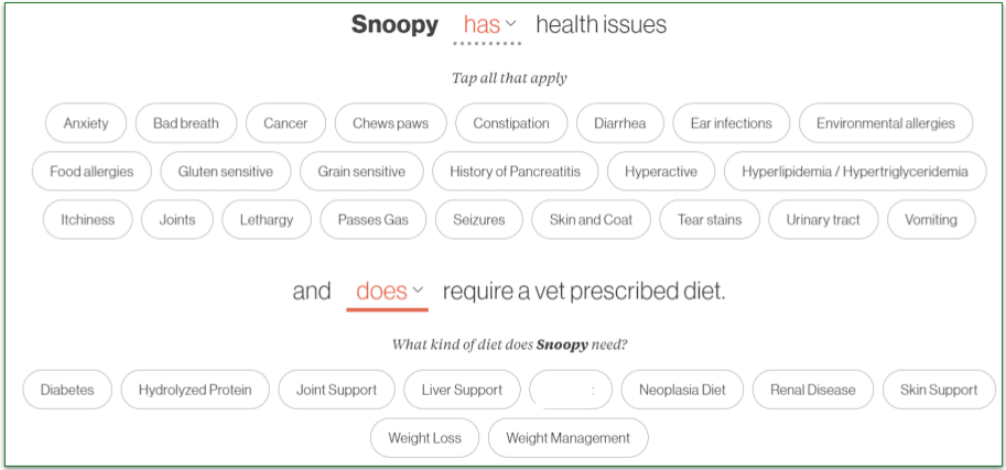 The Farmer's Dog quiz's health issues and prescription diets