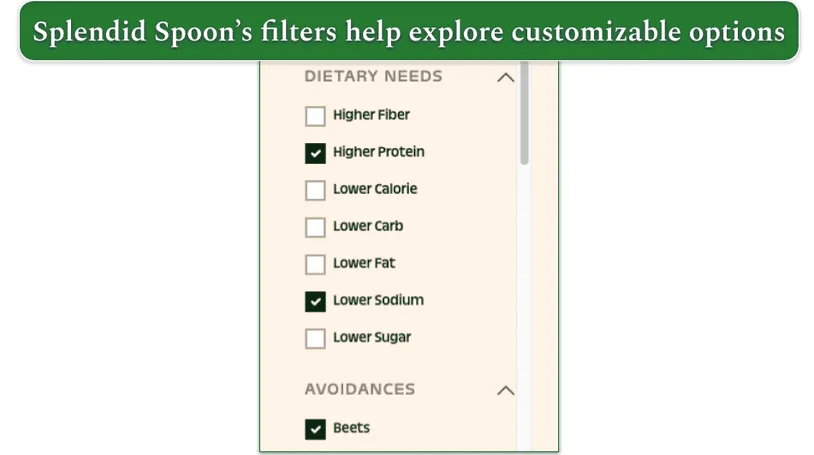 Splendid Spoon filtering tool lets you explore options for Avoidances, Tastes&Textures, Dietery Needs and Benefits