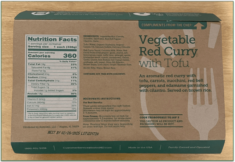 A BistroMD package with the nutritional info and cooking instructions shown on the bottom