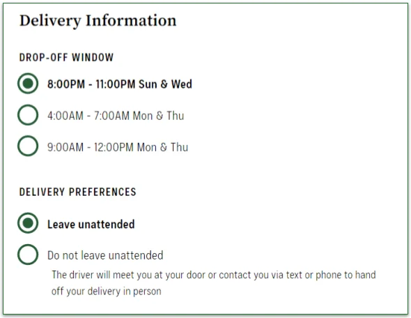 Thistle's delivery day selection screen