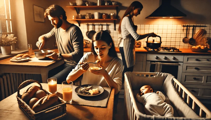 image of a mother eating a meal with a sleeping baby next to her in a crib. Two other people are visible preparing food in the kitchen