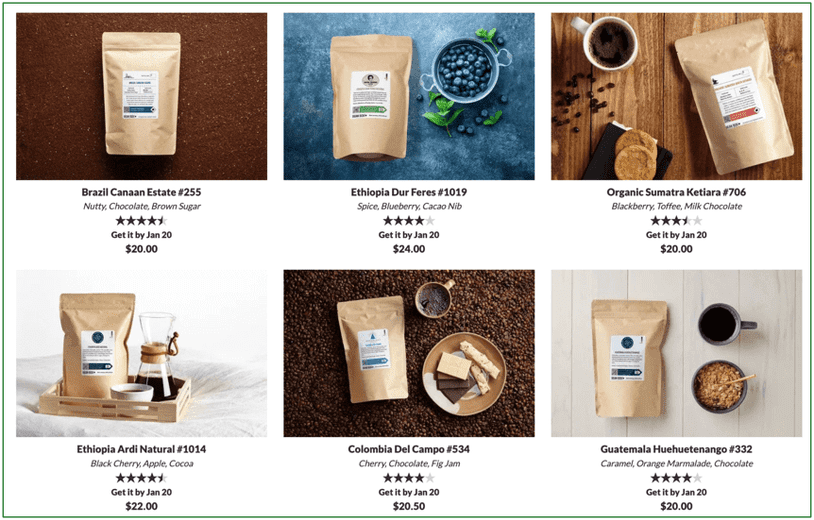 Screenshot of Bean Box's Single Origin Coffees page.