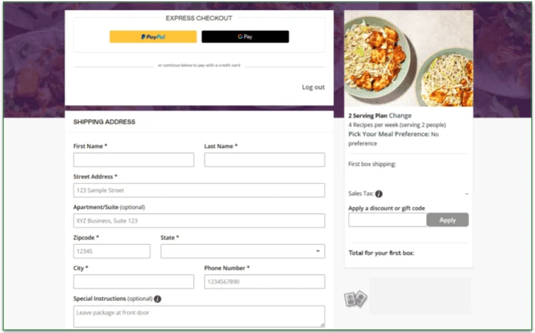 Screenshot of shipping address screen on Purple Carrot