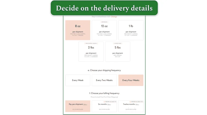 Screenshot of the available Driftaway Coffee subscription options