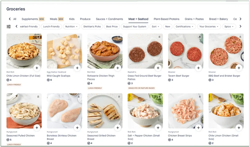 The Meat + Seafood section of Hungryroot's online grocery market