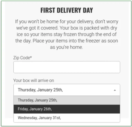 Screenshot of the form allowing you to choose the delivery day
