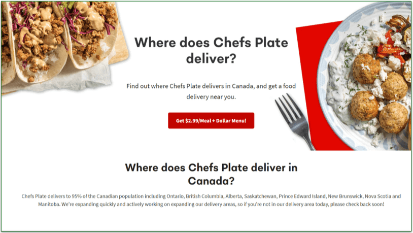Screenshot of Chefs Plate's delivery area page