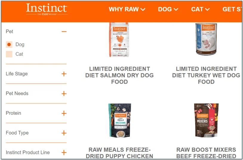 Instinct's All Dog Products page