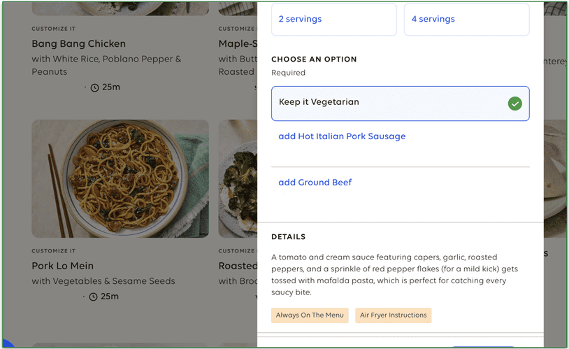 Click on a recipe to view the customization options