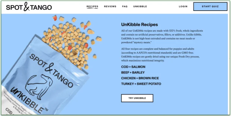Screenshot of Spot & Tango’s UnKibble page showing 4 recipes listed