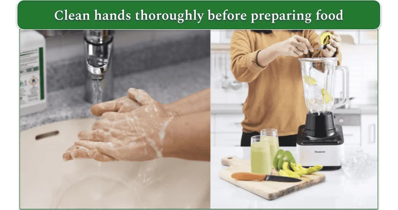 A person washing hands with soap and adding fruit to a blender
