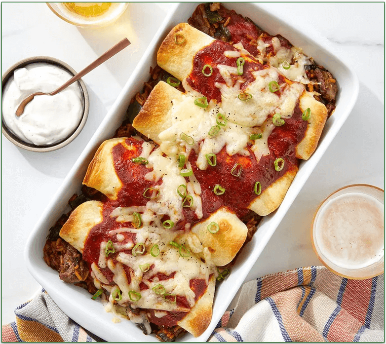 Blue Apron's Beef Enchiladas Rojas with Cheddar Cheese and Sour Cream