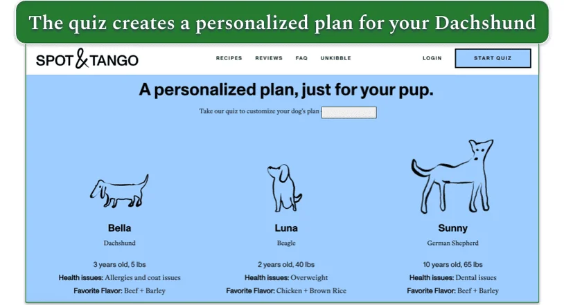 Screenshot of Spot & Tango’s website showing 3 plans for different breeds