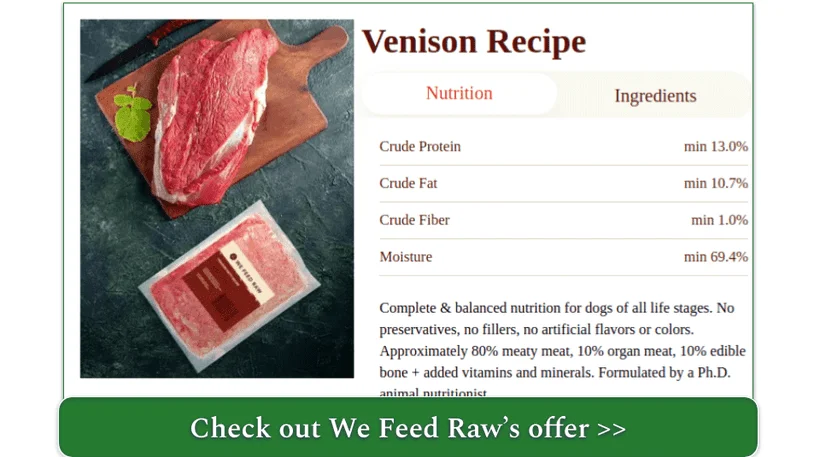 Screen capture of We Feed Raw's Venison recipe nutrition facts