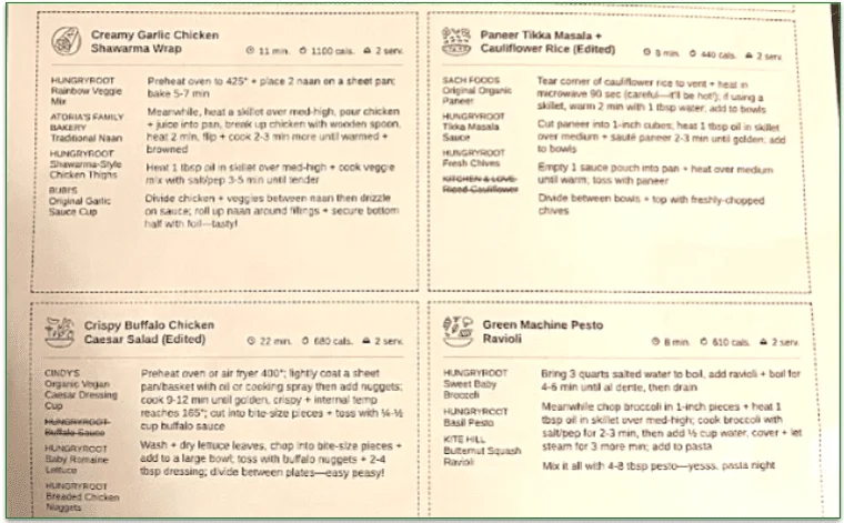 Hungryroot's recipe print-out sheet