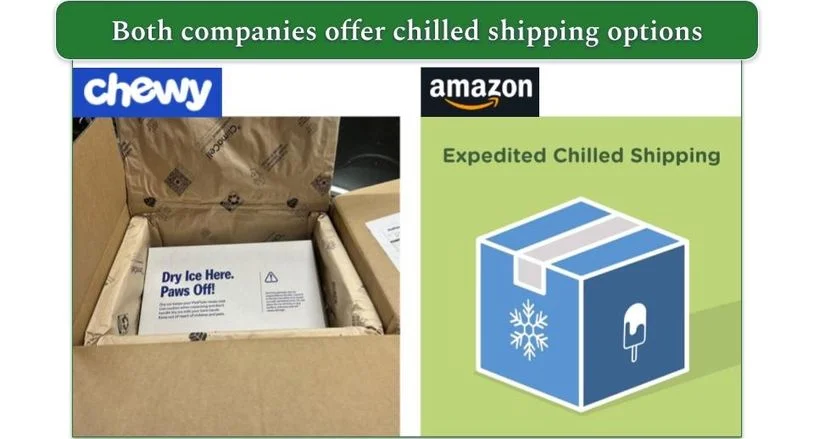Chewy's dry ice packaging and Amazon's expedited chilled shipping logo