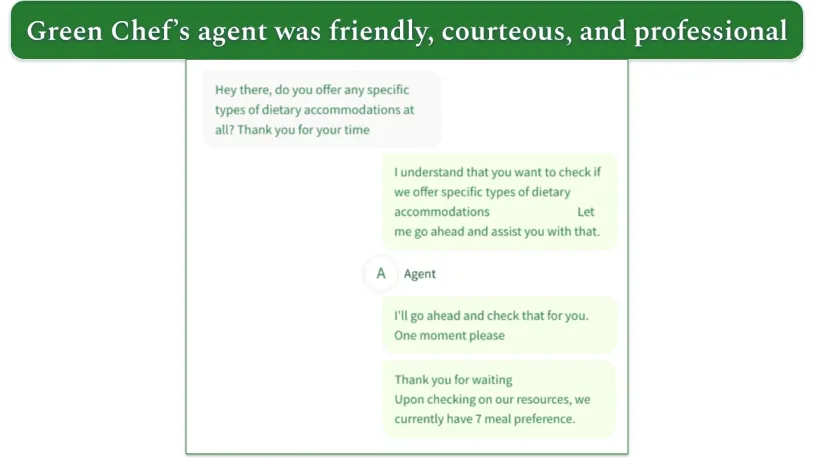 a screenshot of green chef's live chat feature
