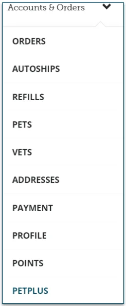 Image of the sections in your account page on the PetCareRx website