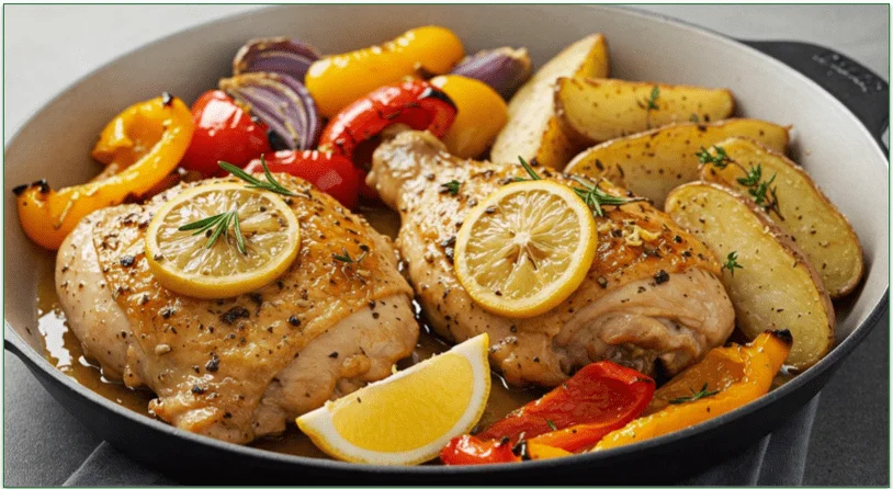 A pan of roasted chicken legs, veggies, and potatoes with garlic, lemon slices, and herbs.