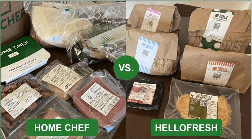 Unpacked Home Chef meal kits alongside unpacked HelloFresh kits
