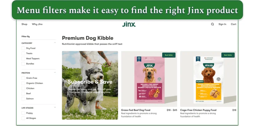 Screenshot of Jinx’s premium dog kibble shop page