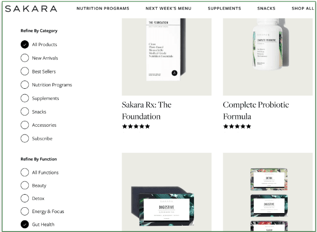 a screenshot of the list of filters in the sakara shop