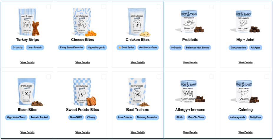 A collection of treats and supplements from Spot & Tango.