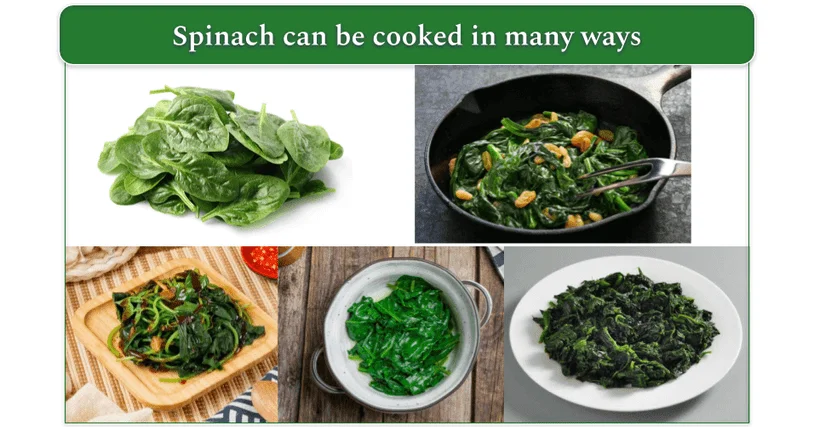 5 methods of cooking spinach top row left to right: Raw, sauteed. Bottom row from left to right: blanched, steamed, boiled.