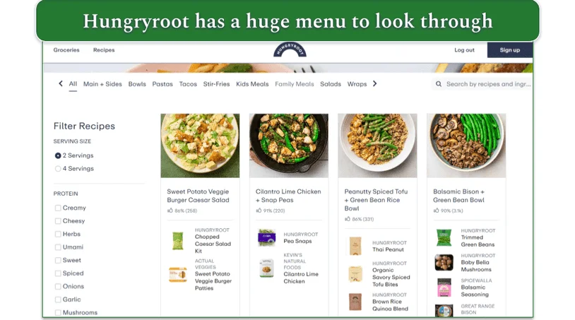 Screenshot of Hungryroot's recipe menu page