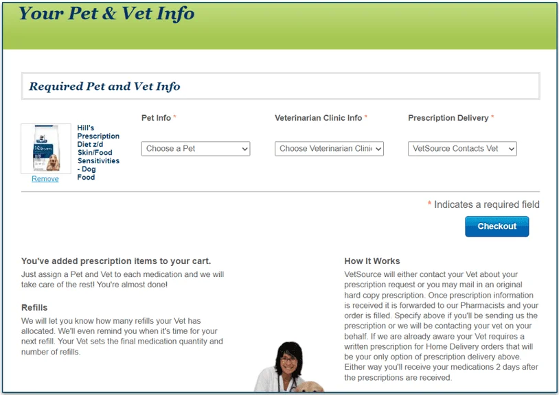 Veterinary information screen for prescription items on PetFlow
