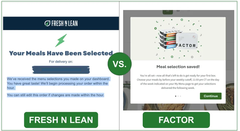 Screenshots of Fresh N lean and Factor's meal selection confirmation screens side by side