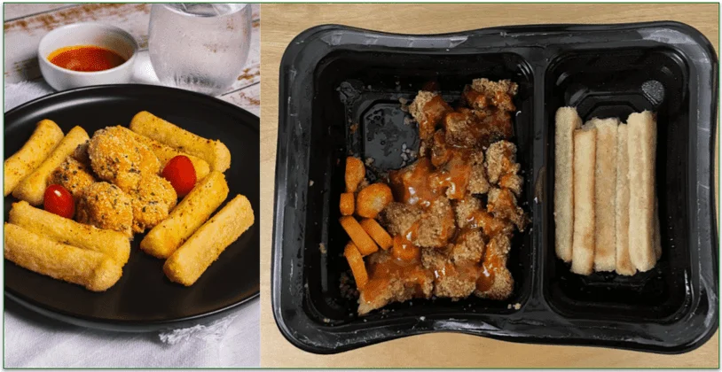 Eat Clean's image of the plated Buffalo Cauliflower Florets with Yucca Fries dish next to a photo of the meal in a warped microwaveable tray