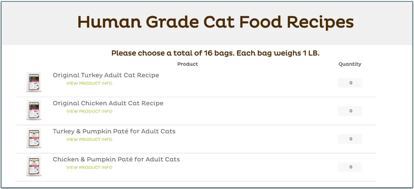 Screenshot of Raised Right cat recipe selection page for a 16-bag plan