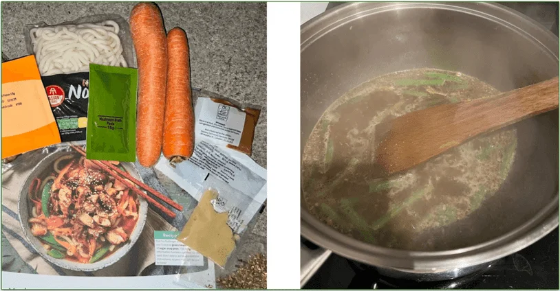 Photo of the recipe card and ingredients for Green Chef's Miso Noodle Soup next to a photo of ingredients being stirred in a pan on the stove