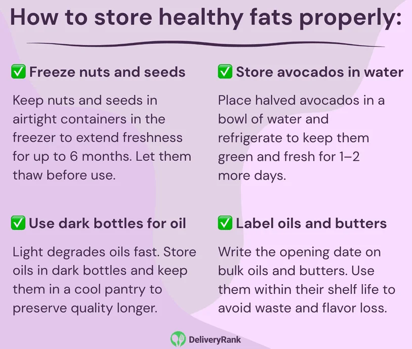 an infographic showing storage tips for various sources of healthy fats.