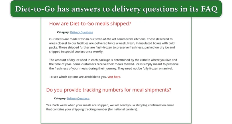 Diet-to-Go delivery questions from the FAQ