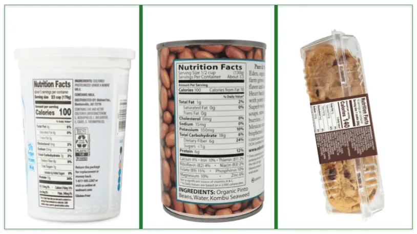 The image presents 3 different products, each featuring a Nutrition Facts label
