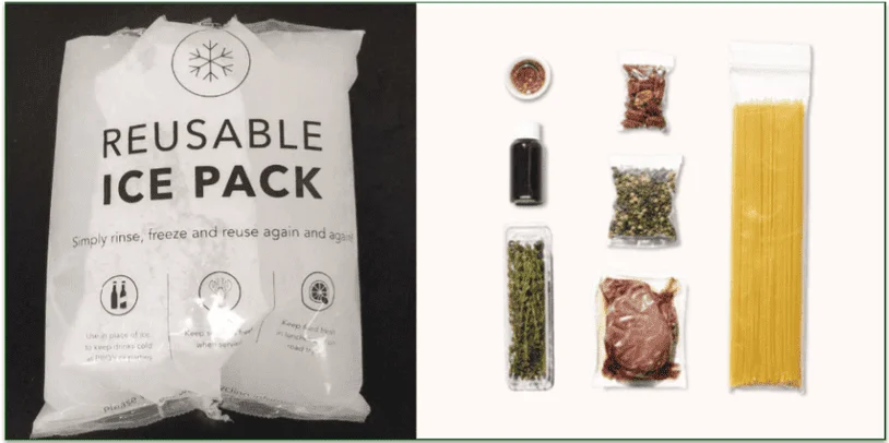 Examples of Dinnerly ice packs and plastic packaging