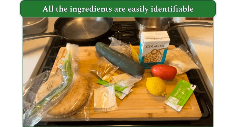 An unboxed HelloFresh meal ready to start cooking