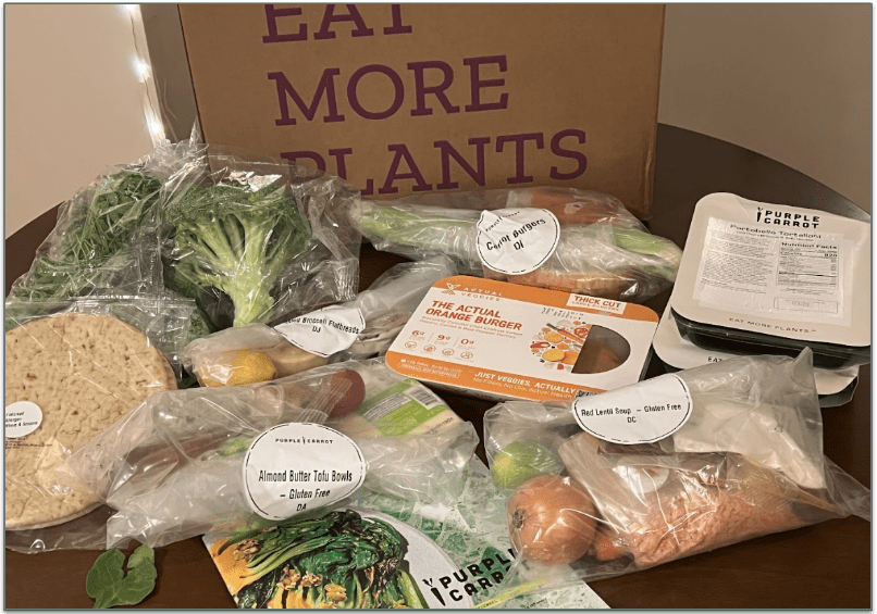 Photo of the contents of a Purple Carrot delivery box set out on a table